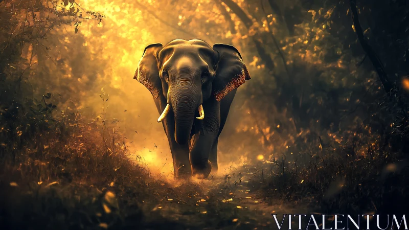 Elephant moves along forest path under diffuse golden light