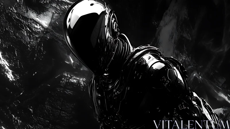 Highly reflective humanoid robot stands in dark environment