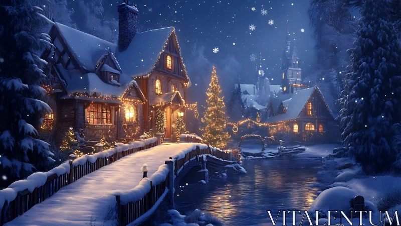 Snowy village bridge glows with warm Christmas lights at night.