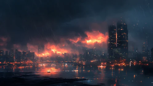 Apocalyptic Cityscape: Inferno Engulfs Metropolitan Skyline