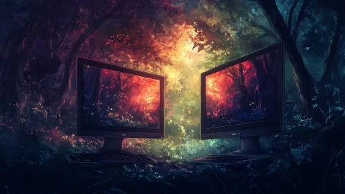 Digital windows glowing in a dreamy enchanted forest.