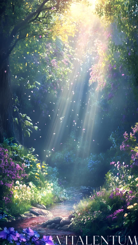 Forest Stream with Flowering Vines and Light Rays