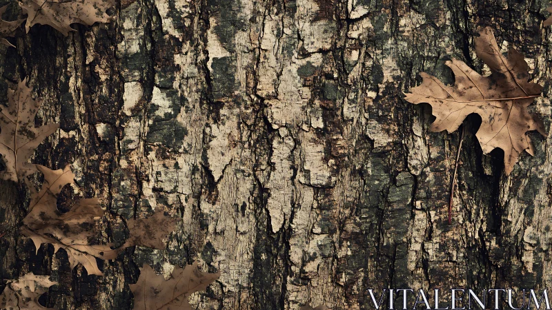 Weathered tree bark welcomes scattered autumn oak leaves