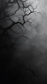 Whispering tangle of winter branches in drifting fog.