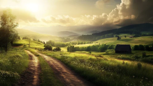 Sunlit country road winds through peaceful green valley at dawn.