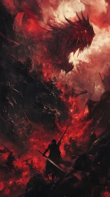 Human figure confronts large dragon-like entity in red field.