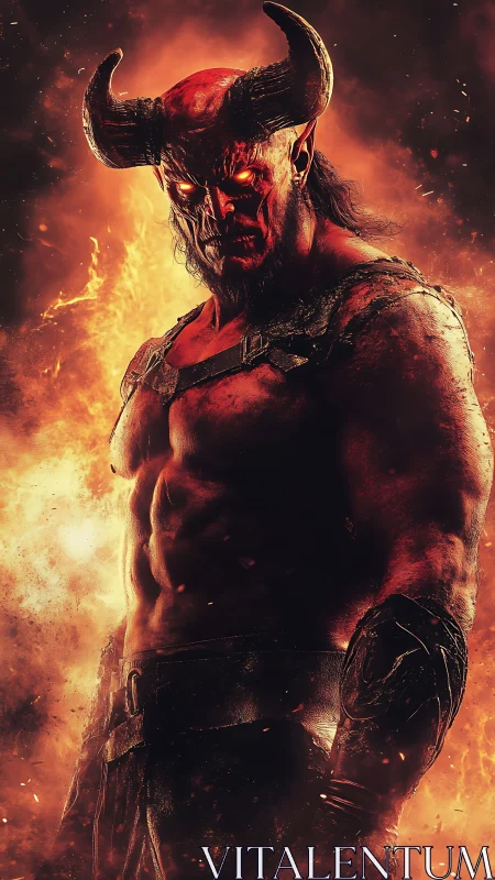 Horned humanoid demon figure in fiery inferno setting.