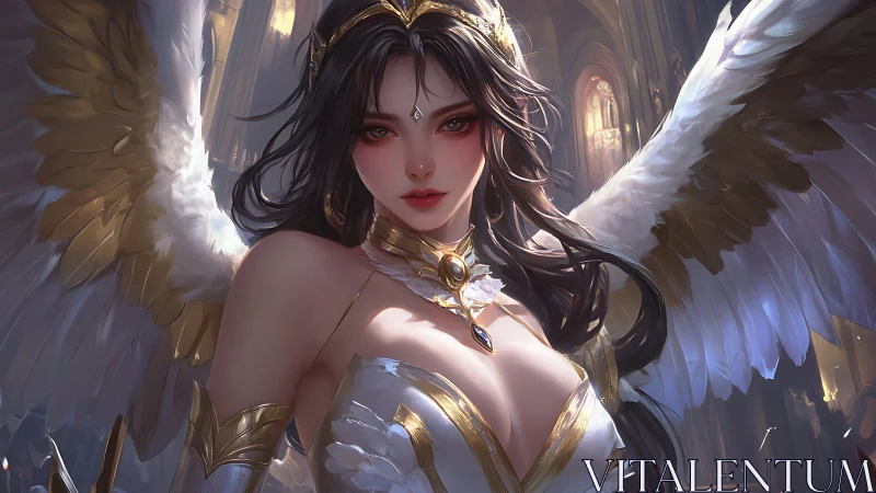 Radiant angelic guardian spreads luminous wings in a sacred hall