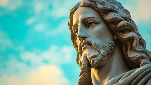 Stone statue of bearded man with long hair faces sky