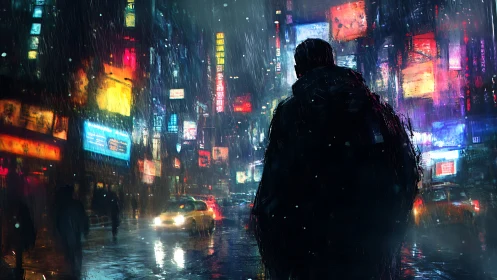 Lone rain-soaked drifter under glitch-bright neon canyons.