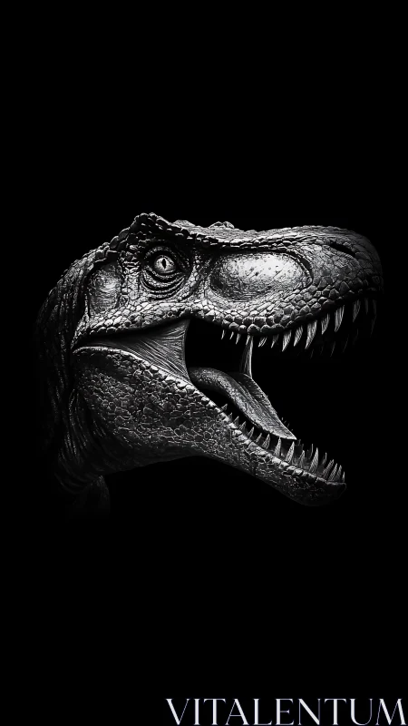 Midnight Rex roar carved in obsidian shadow and light.