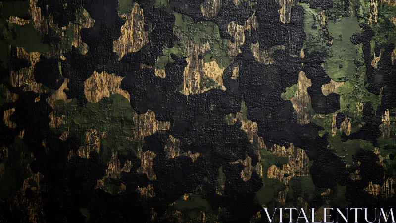 Weathered camouflage wall surface catches gritty urban light