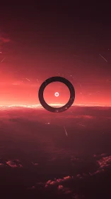 Dark ring structure suspended above red cloudscape.