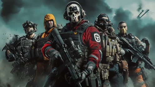 Tactical strike squad in armored combat gear advancing forward.