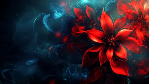 Crimson starflowers ignite in deep teal cosmic mist.