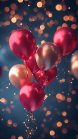 Cluster of red and rose gold metallic balloons floating against bokeh backdrop.