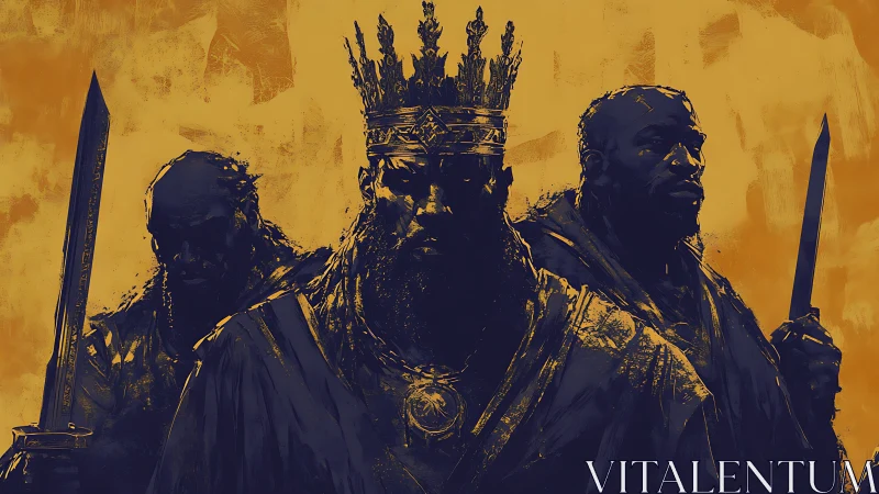 Crowned central ruler with armed guards in stylized portrait.