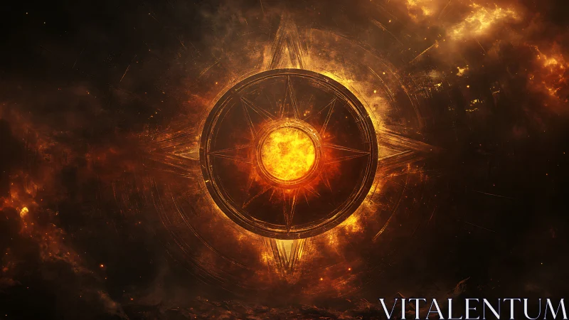 Fiery cosmic sigil encircling blazing solar core in void.