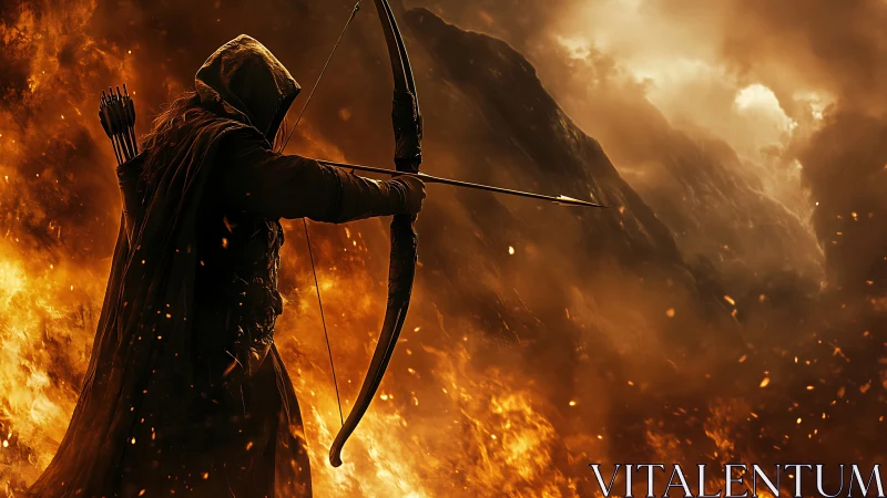 Hooded archer aiming bow amid extensive fire and smoke.