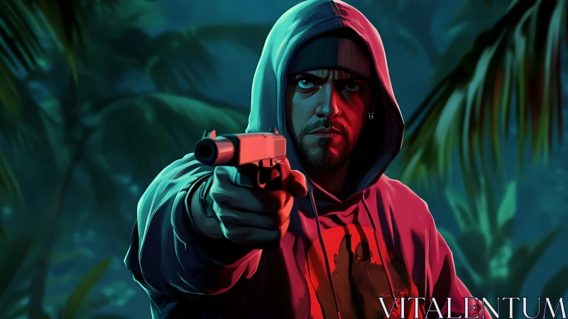 Hooded gunman with pistol in tropical night environment