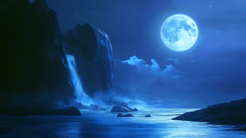 Moonlit waterfall cove wrapped in soft blue night magic.