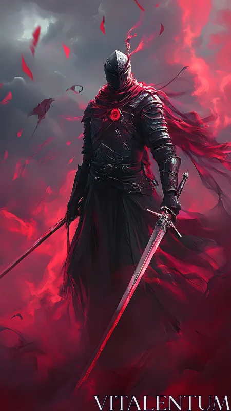 Armored figure with twin swords stands in red mist field