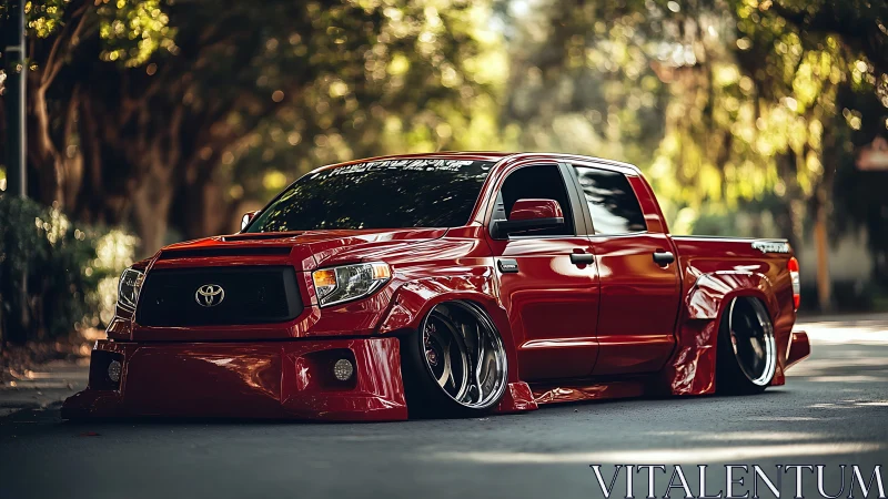 Lowered red custom pickup truck with extreme widebody stance
