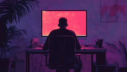 Solitary programmer faces glowing neon monitor at night.