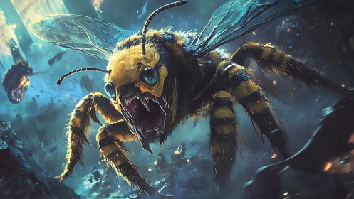 Giant cybernetic hornet creature in dynamic aerial attack.