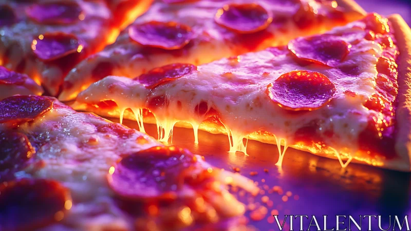 Pepperoni pizza slice stretches molten cheese under neon glow.