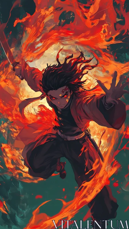 Fiery anime warrior lunges forward in swirling orange flames.