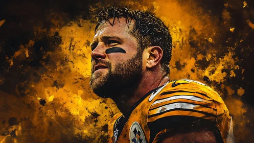 Gritty football hero stands strong in bold golden light.