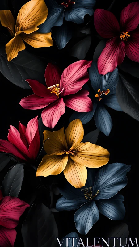 Luminous Four-Petal Flowers Against Black Background