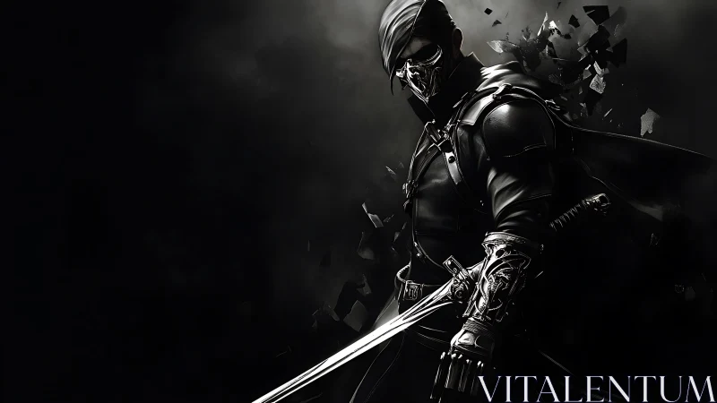 Masked swordsman in dark armor holds blade amid shattered debris