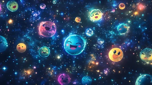 Playful emoji planets drift through a glowing cosmic galaxy