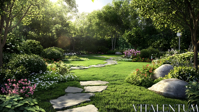 Sunlit garden path winding through lush, quiet greenery.