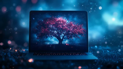 Laptop screen renders luminous pink tree amid deep blue bokeh