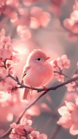 Soft pink songbird resting among dreamy blossom boughs.