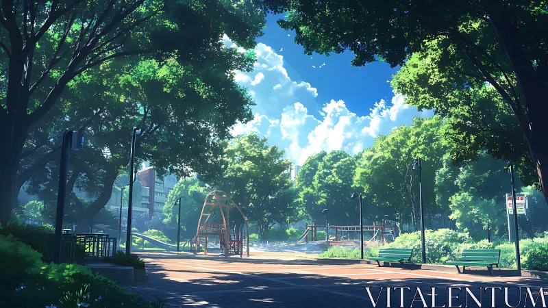 Sunlit urban park playground under lush summer canopy.