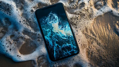 Smartphone in surf foam with dynamic ocean screen aesthetic.