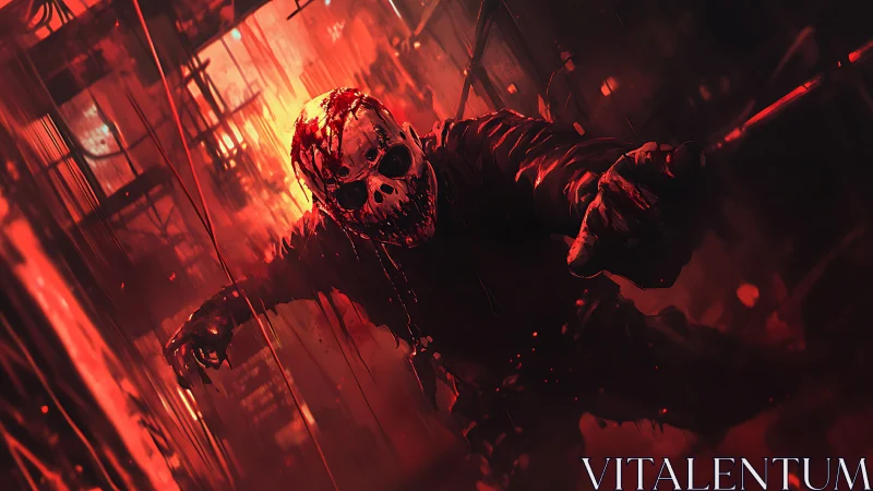 Masked figure advancing through red industrial corridor.