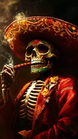 Skeleton figure in ornate sombrero smokes cigar in darkness