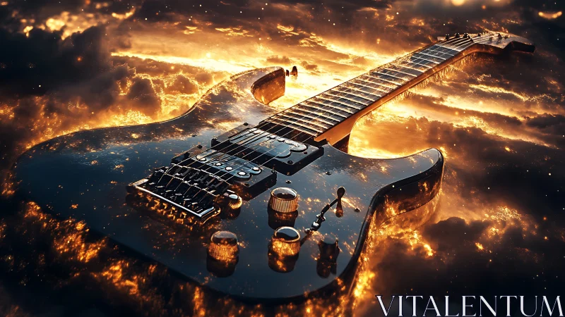 Surreal electric guitar immersed in molten celestial lightscape.