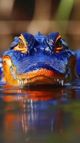 Blue and orange alligator head emerging from reflective water.