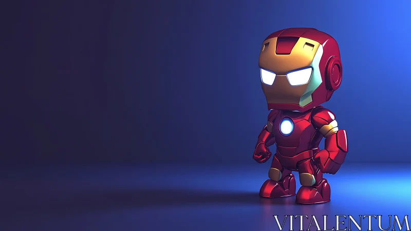 Chibi armored robot glows under vivid blue studio light.