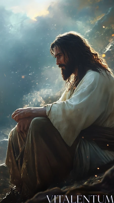 Digital painting of contemplative robed figure in mystic light.