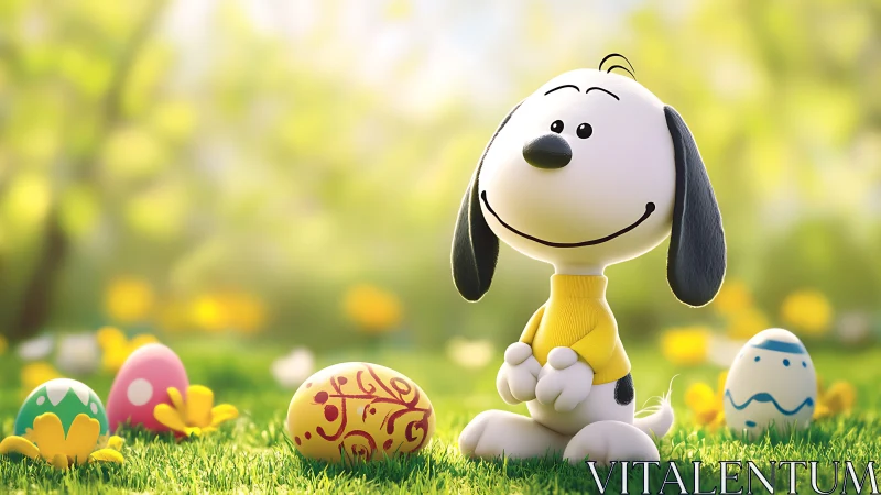 Cartoon beagle in yellow sweater among Easter eggs.