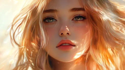 Sunlit digital portrait of blonde girl with soft freckles.