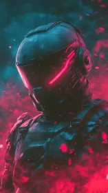 Armored sci fi soldier stands in neon smoke and darkness