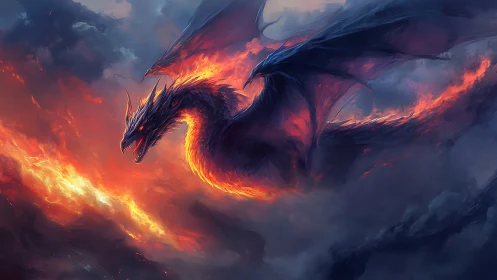 Inferno dragon soaring through stormlit burning sky.
